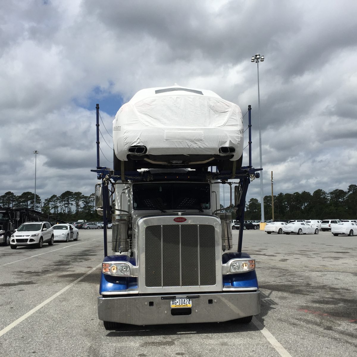 Peterbilt car carrier with a covered vehicle strapped down