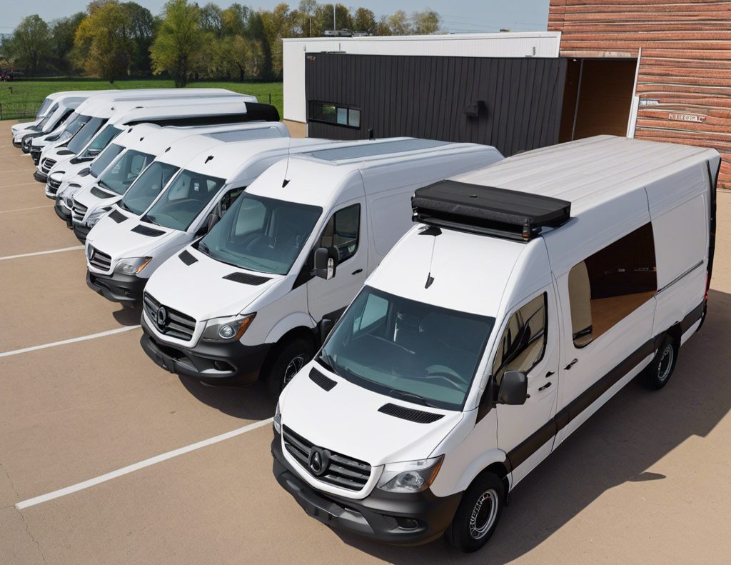 Row of white Mercedes-Benz Sprinter vans parked at the dealership