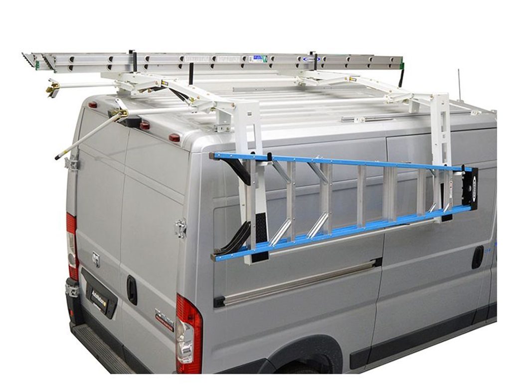 Gray van with ladder rack and blue ladder, rear three-quarter view